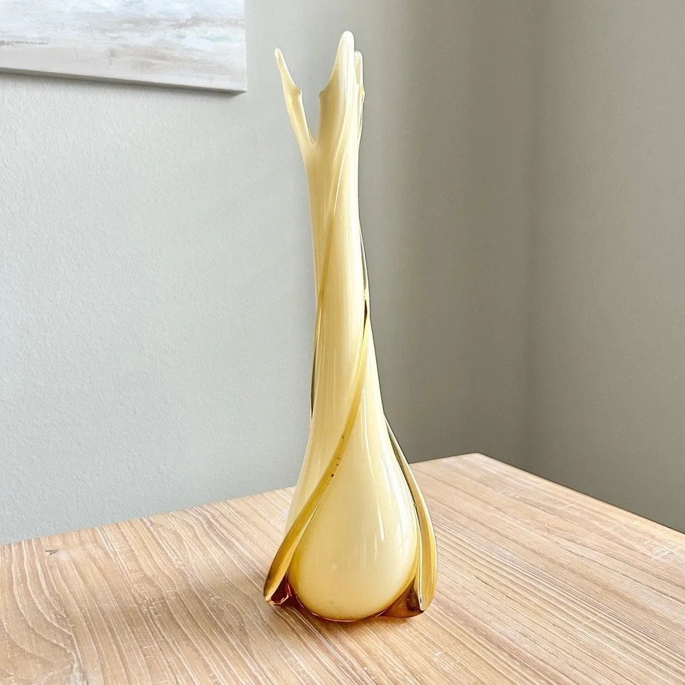 Vintage MCM Hand Blown Amber and Cream Glass Vase by Cristalleria Fratelli Betti